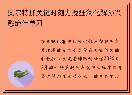 奥尔特加关键时刻力挽狂澜化解孙兴慜绝佳单刀 奥尔特加关键时刻力挽狂澜化解孙兴慜绝佳单刀