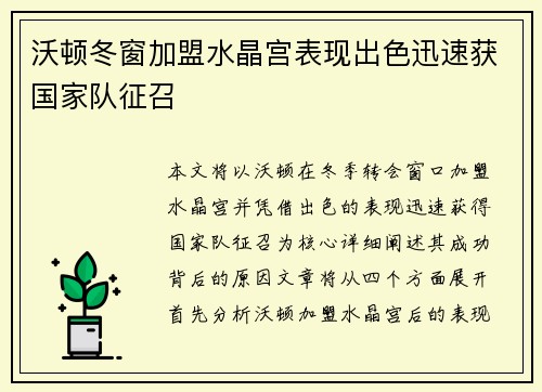 沃顿冬窗加盟水晶宫表现出色迅速获国家队征召