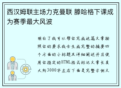 西汉姆联主场力克曼联 滕哈格下课成为赛季最大风波 西汉姆联主场力克曼联 滕哈格下课成为赛季最大风波